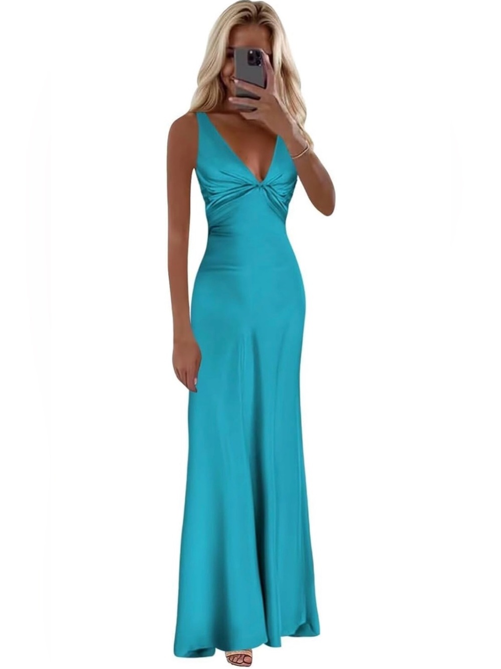 Miao Duo Aqua Blue Backless Satin Halter Mermaid Prom Formal Dresses